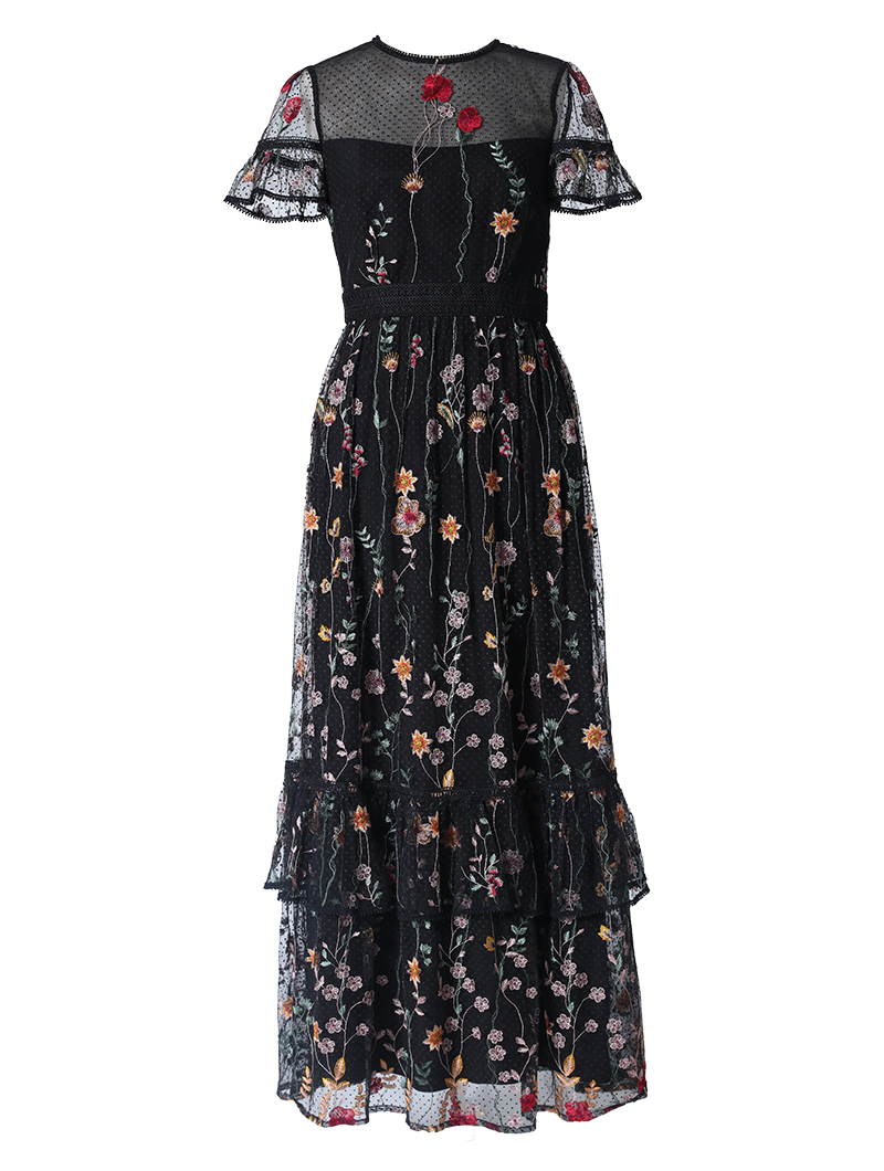 エム・エル・モニーク・ルイリエ(ML Monique Lhuillier)|半袖フローラルレース ロングドレス(36)-ブラック