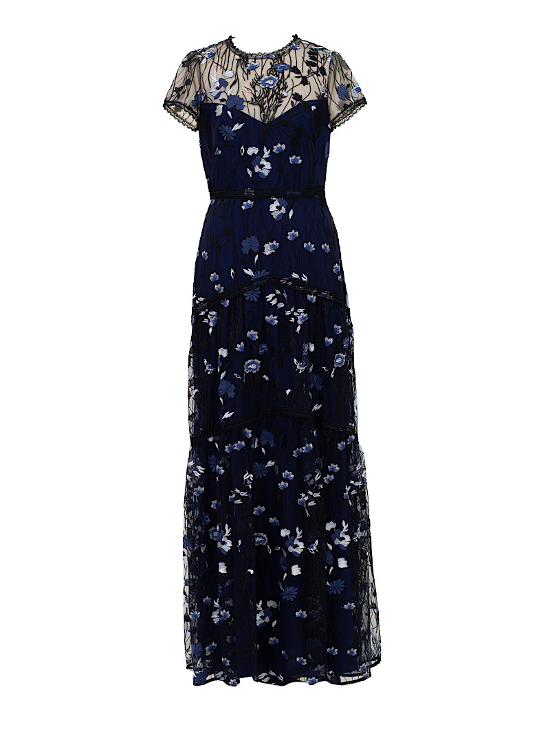 [ML Monique Lhuillier］<br>半袖フローラルレース ロングドレス(40)-ネイビー/ブラック