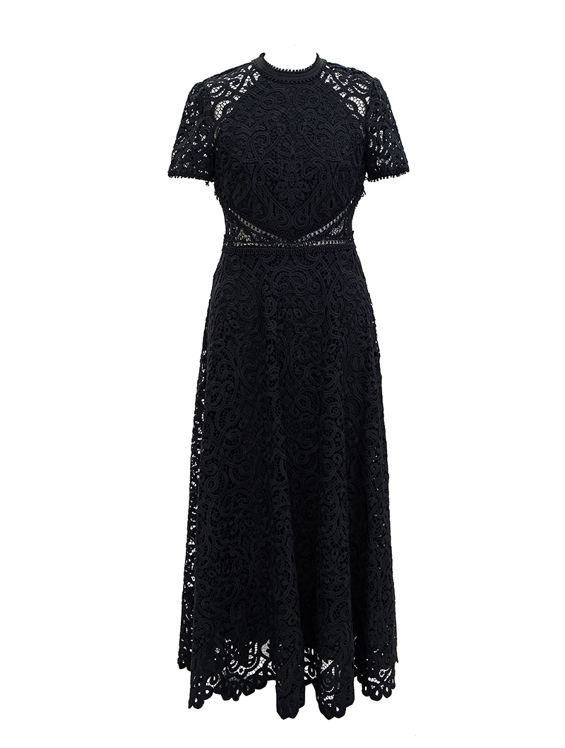 ［ML Monique Lhuillier］<br>半袖レースドレス(40)-ブラック