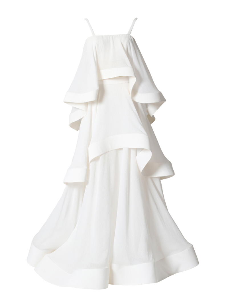 ホワイトのセパレートドレス。とろみのあるクリンクルシフォンの裾にホースヘアを貼ることで軽やかにフリルが弾むホワイトのセパレートドレスです。
