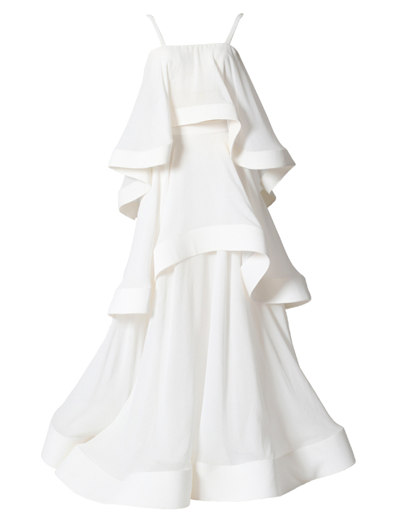 ホワイトのセパレートドレス。とろみのあるクリンクルシフォンの裾にホースヘアを貼ることで軽やかにフリルが弾むホワイトのキャミソールタイプです。