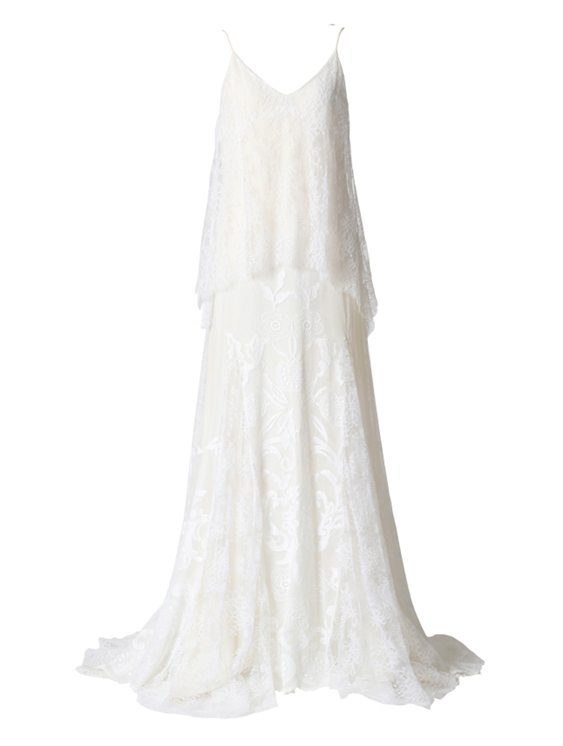 フラワーモチーフのホワイトレースを幾重にも重ねているキャミソールタイプのナチュラルなウエディングドレス。花嫁様の2次会にもおすすめ。