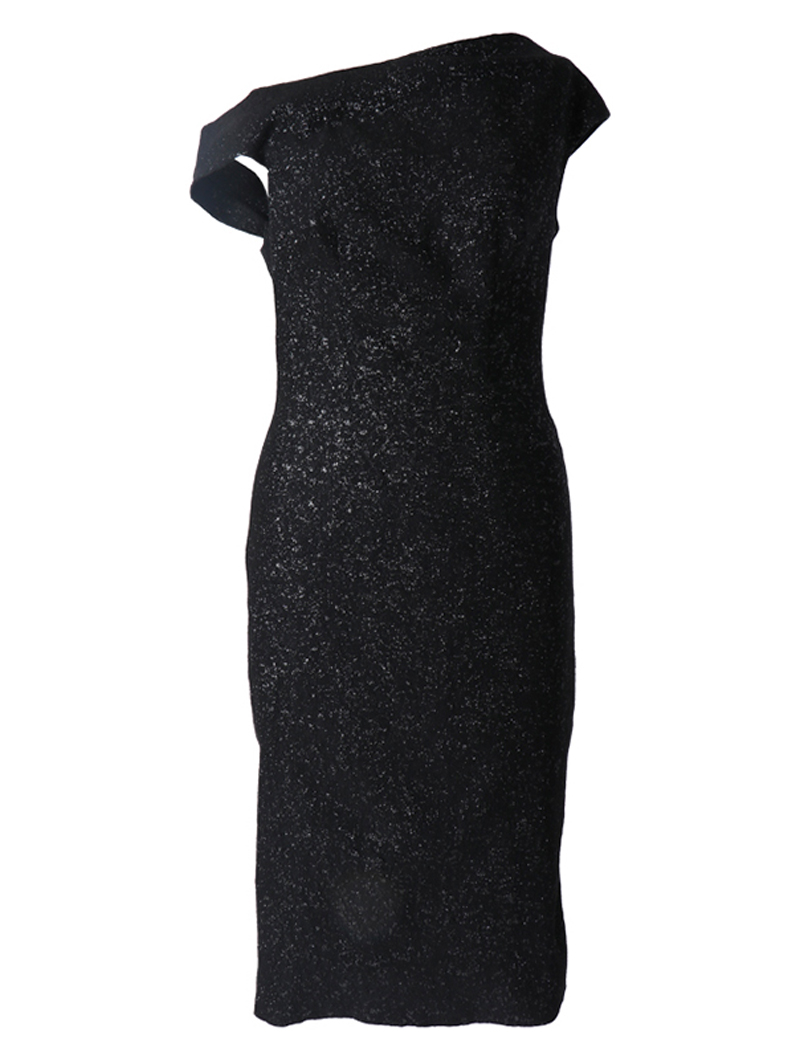 ブラックのシャイニーなジャガード素材を使用したエレガントなワンショルダードレス