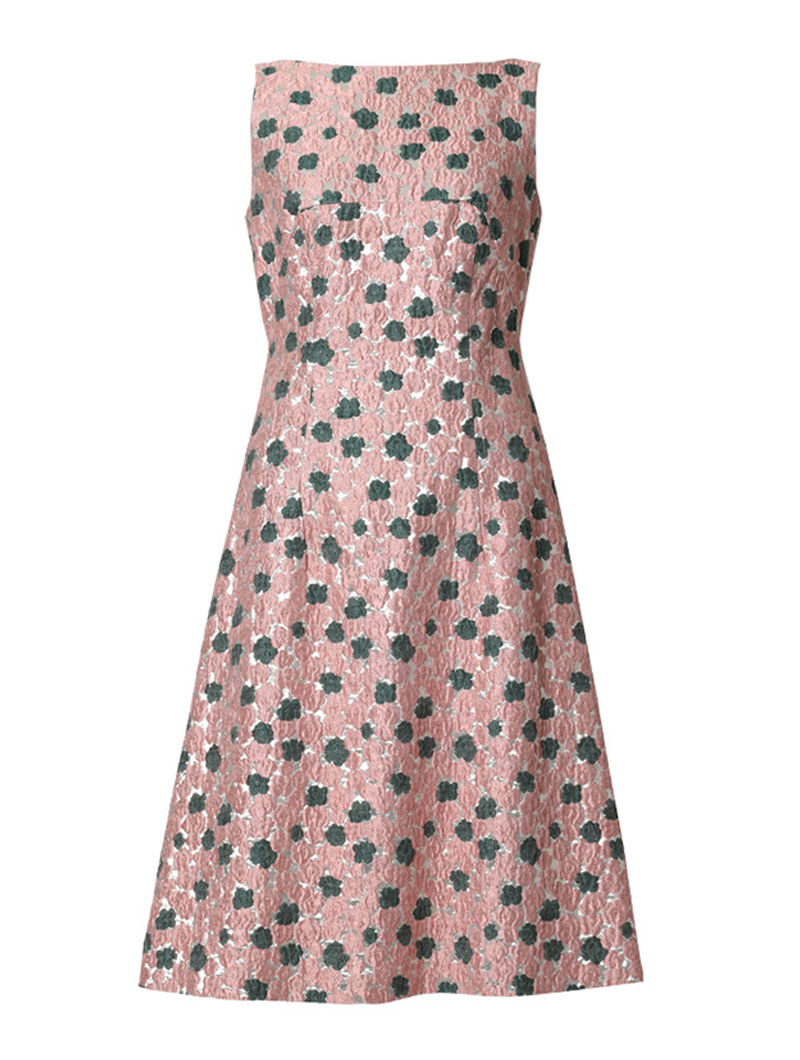 ジャガード素材で華やかなピンク、シルバーのレラ・ローズ(Lela Rose)のドレス。パーティーシーンにおすすめです。