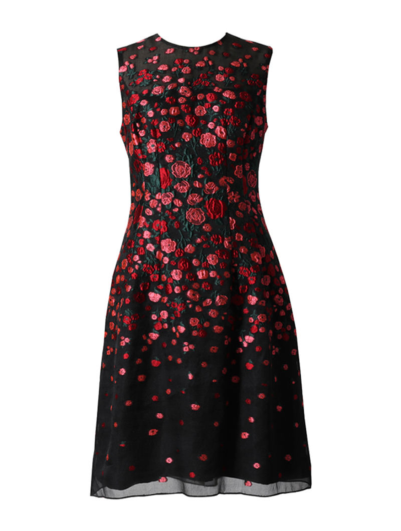 レラ・ローズ(Lela Rose)刺繍オーガンジードレス-ブラック/ピンク