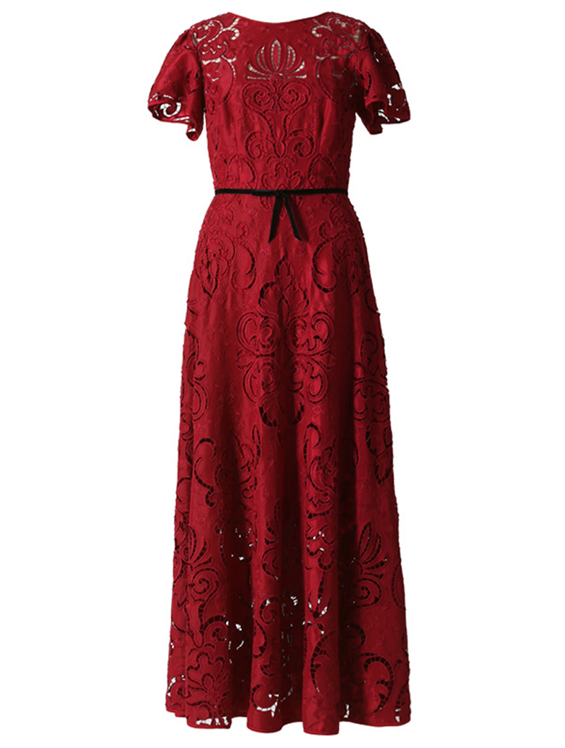 エム・エル・モニーク・ルイリエ(ML Monique Lhuillier)半袖フローラルレース ロングドレス-レッド