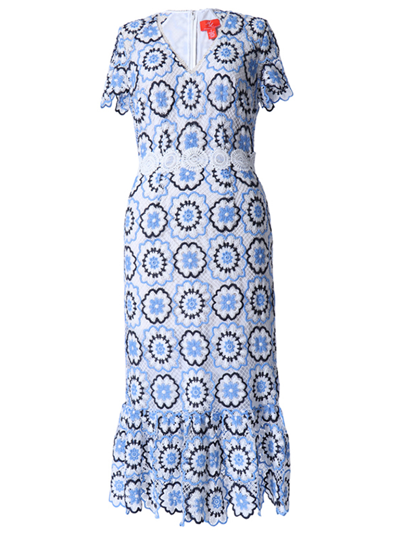 エム・エル・モニーク・ルイリエ(ML Monique Lhuillier)半袖フローラルレース ドレス(36)-ホワイト/ブルー