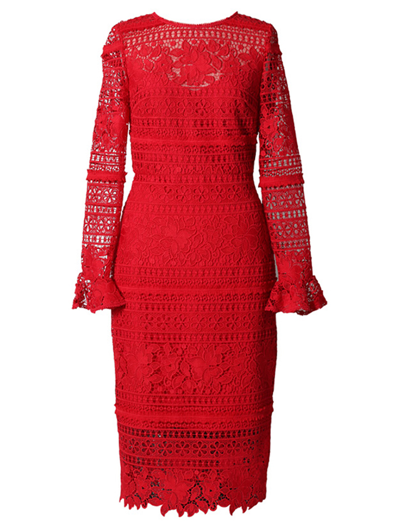 エム・エル・モニーク・ルイリエ(ML Monique Lhuillier)長袖 レース ドレス(38)-レッド