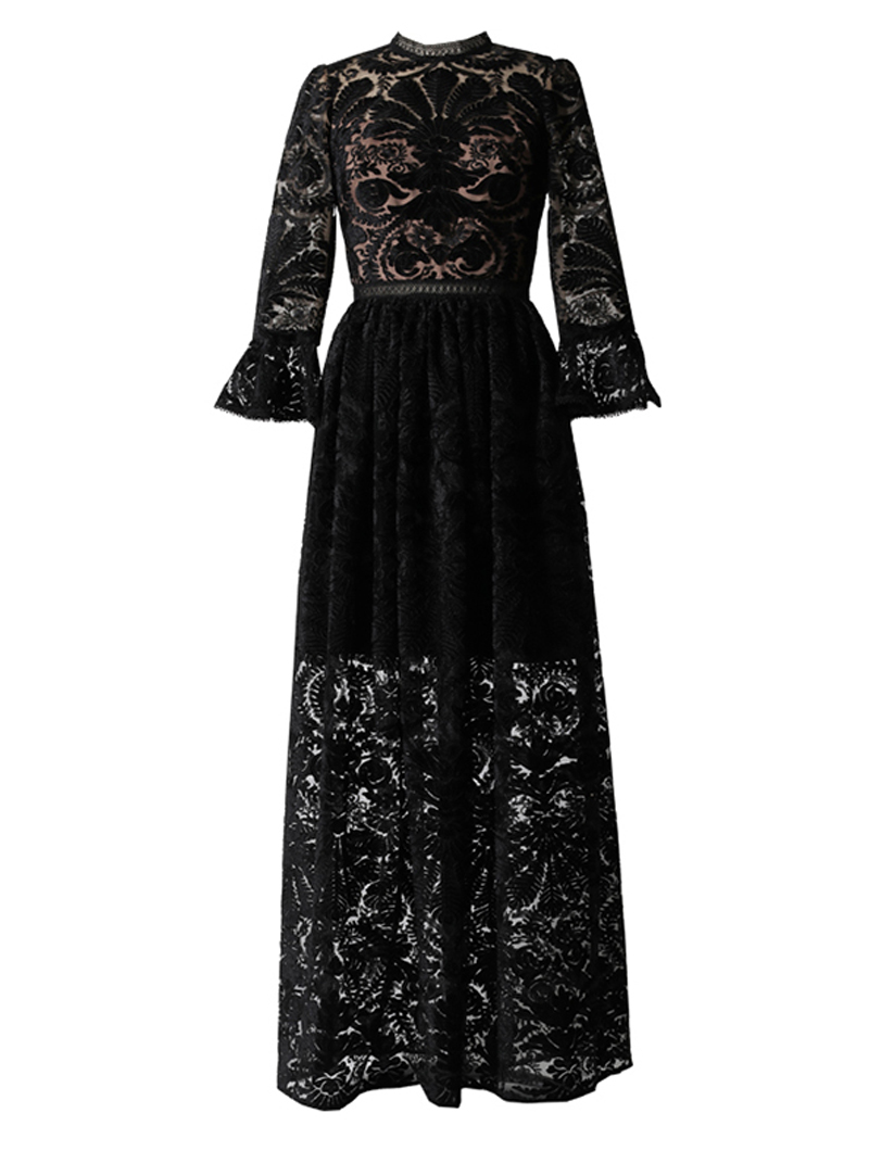 エム・エル・モニーク・ルイリエ(ML Monique Lhuillier)|長袖レース ロングドレス(38)-ブラック/ベージュ