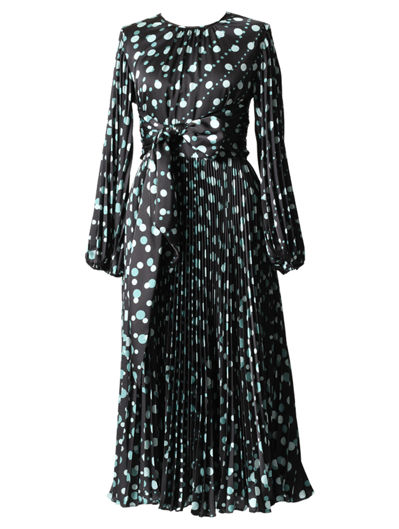 [ML Monique Lhuillier］<br>ドット柄プリーツスカート ドレス(40)-ブラック/グリーン