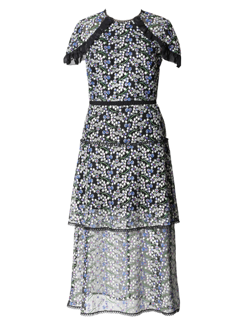 [ML Monique Lhuillier］<br>半袖刺繍レース ドレス(36)-ブルー/ブラック
