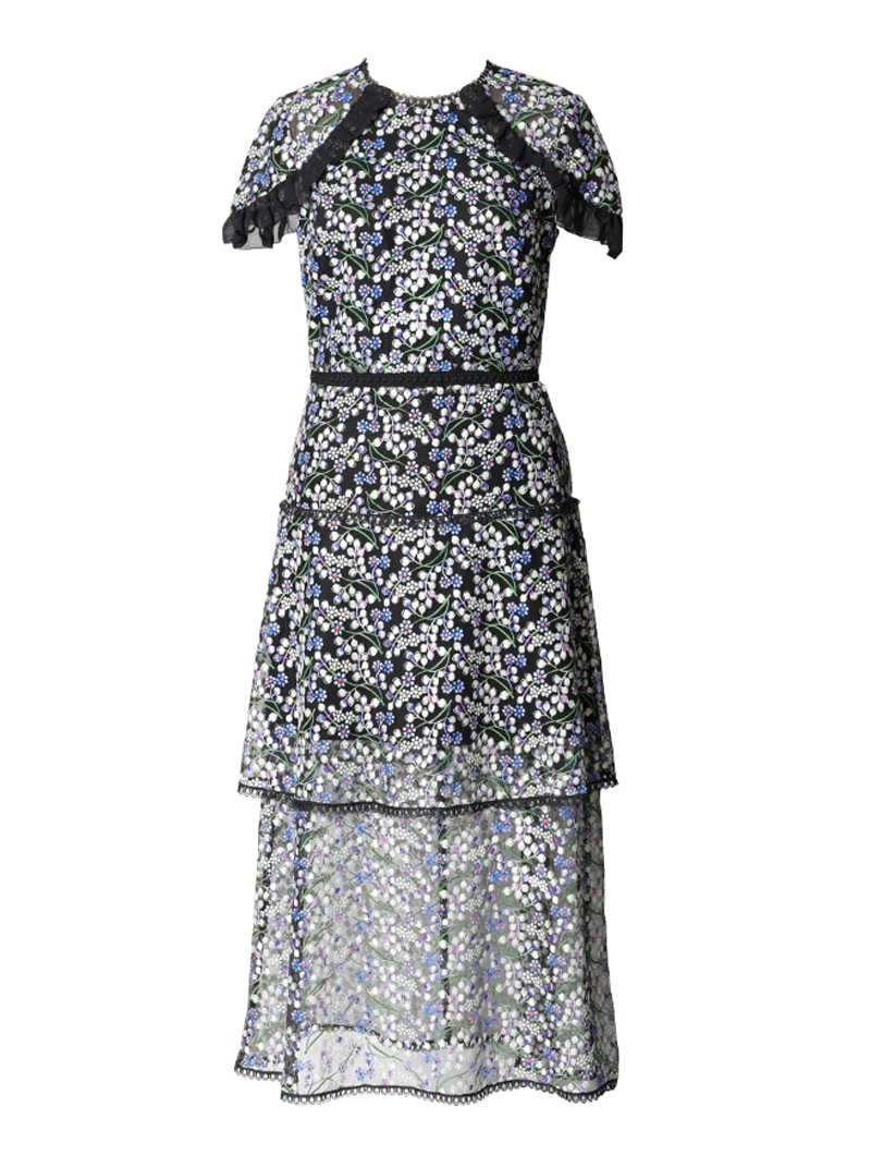エム・エル・モニーク・ルイリエ(ML Monique Lhuillier)|半袖刺繍レース ドレス(38)-ブルー/ブラック