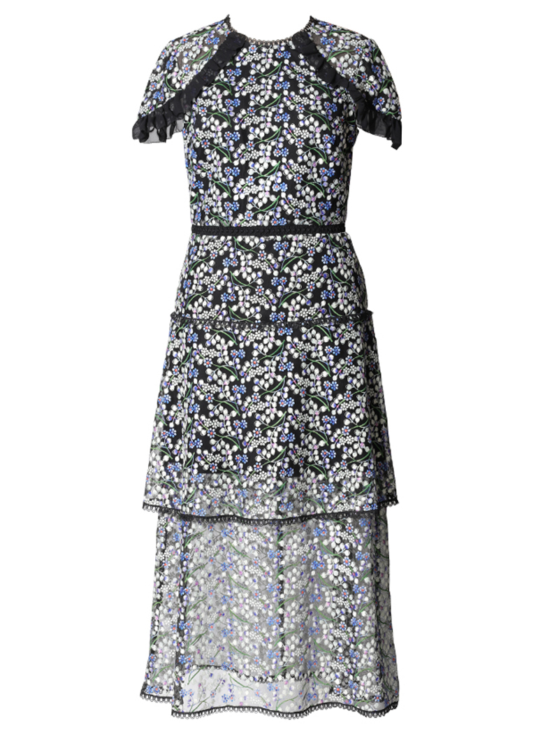 [ML Monique Lhuillier］<br>半袖刺繍レース ドレス(38)-ブルー/ブラック