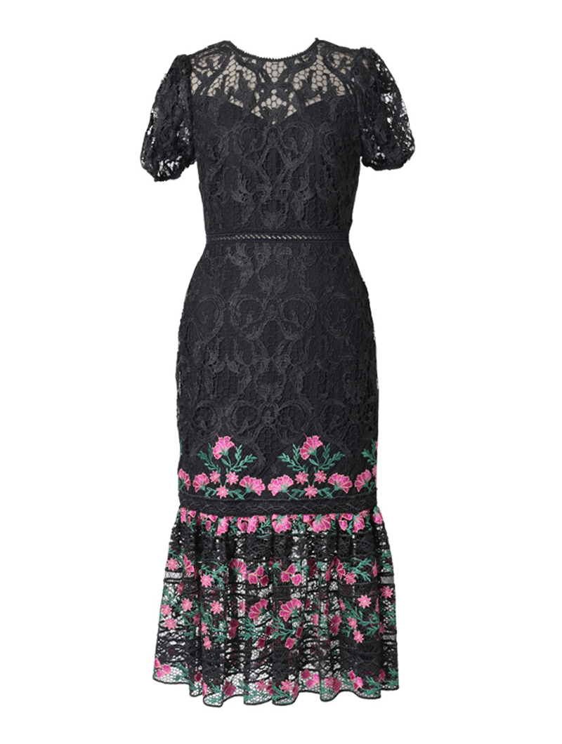 エム・エル・モニーク・ルイリエ(ML Monique Lhuillier)|パフスリーブ刺繍 レースドレス(38)-ブラック/ピンク