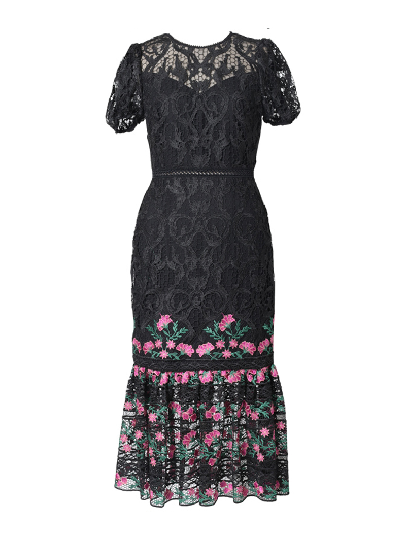 エム・エル・モニーク・ルイリエ(ML Monique Lhuillier)|パフスリーブ刺繍 レースドレス(40)-ブラック/ピンク