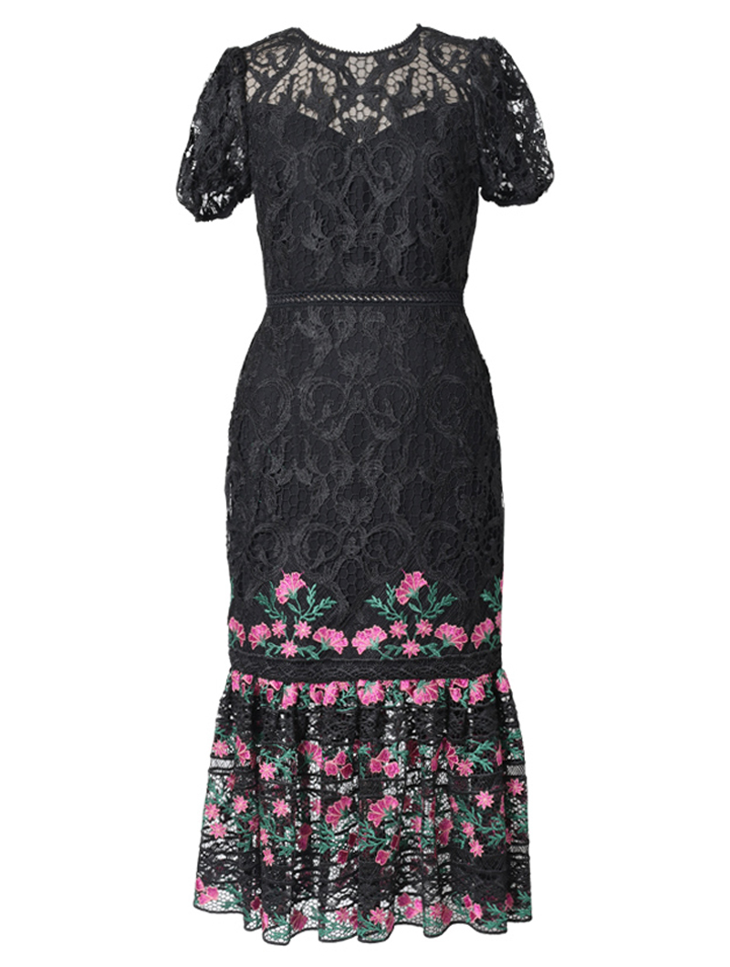 [ML Monique Lhuillier］<br>パフスリーブ刺繍 レースドレス(40)-ブラック/ピンク