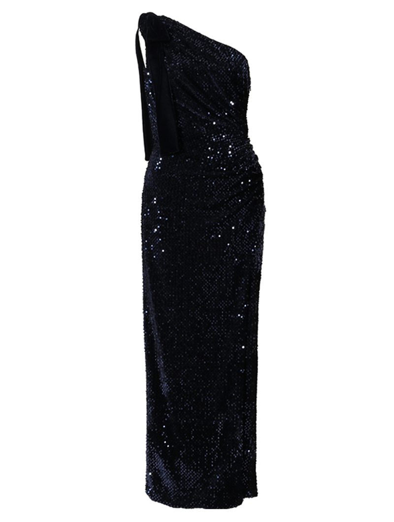 エム・エル・モニーク・ルイリエ(ML Monique Lhuillier)スパンコール ワンショルダー ロングドレス-ネイビー