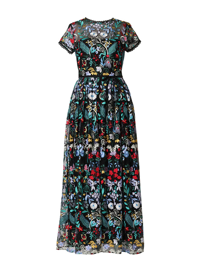 エム・エル・モニーク・ルイリエ(ML Monique Lhuillier)半袖フローラルレース ロングドレス(36)-ブラック/マルチ