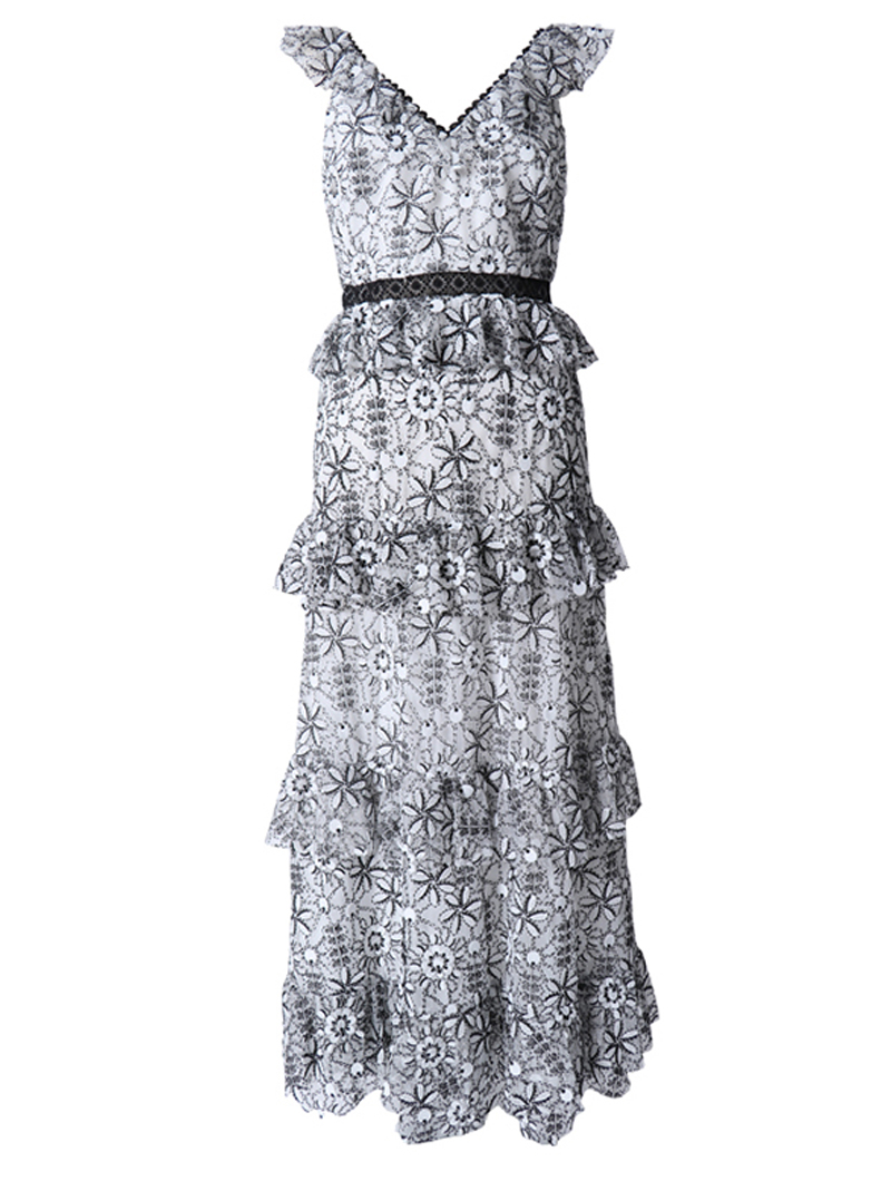 エム・エル・モニーク・ルイリエ(ML Monique Lhuillier)刺繍フリル ロングドレス(36)-ブラック/ホワイト