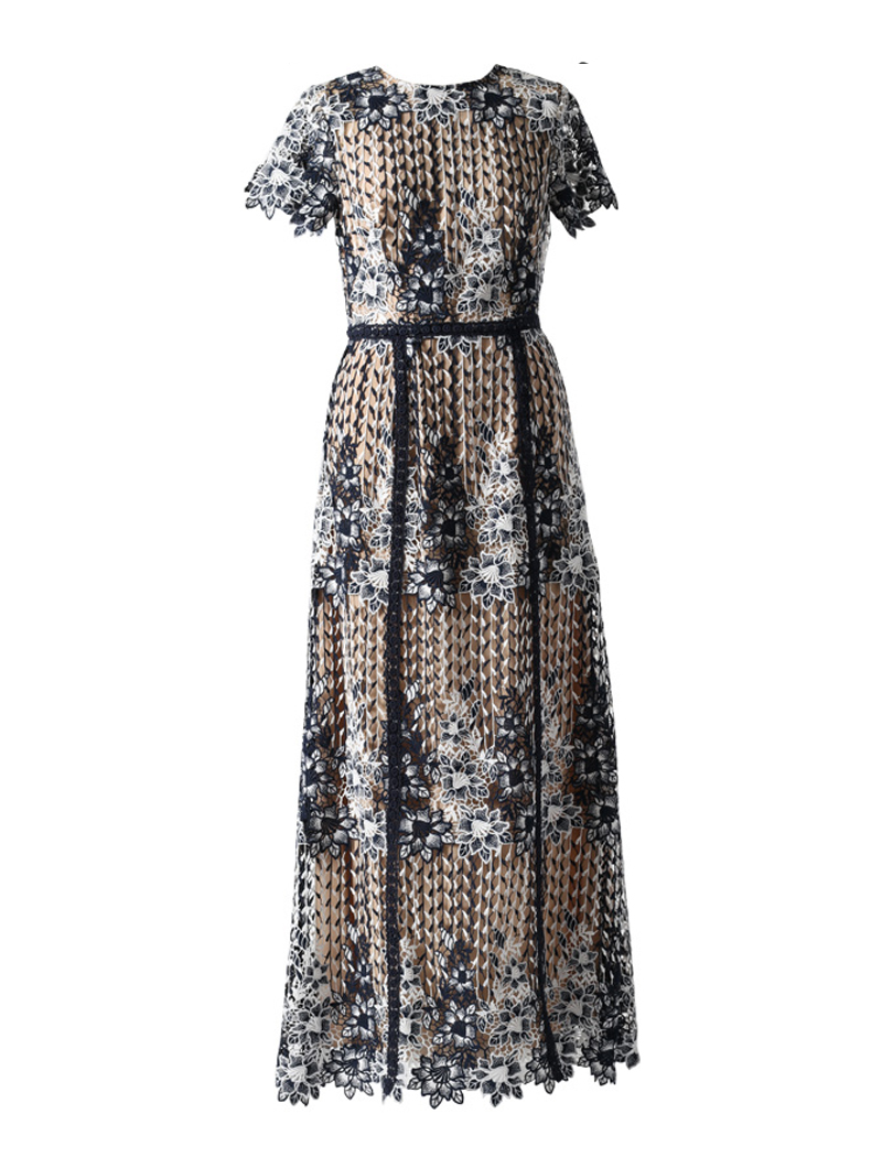 エム・エル・モニーク・ルイリエ(ML Monique Lhuillier)半袖フローラルレース ロングドレス-ネイビー/ベージュ