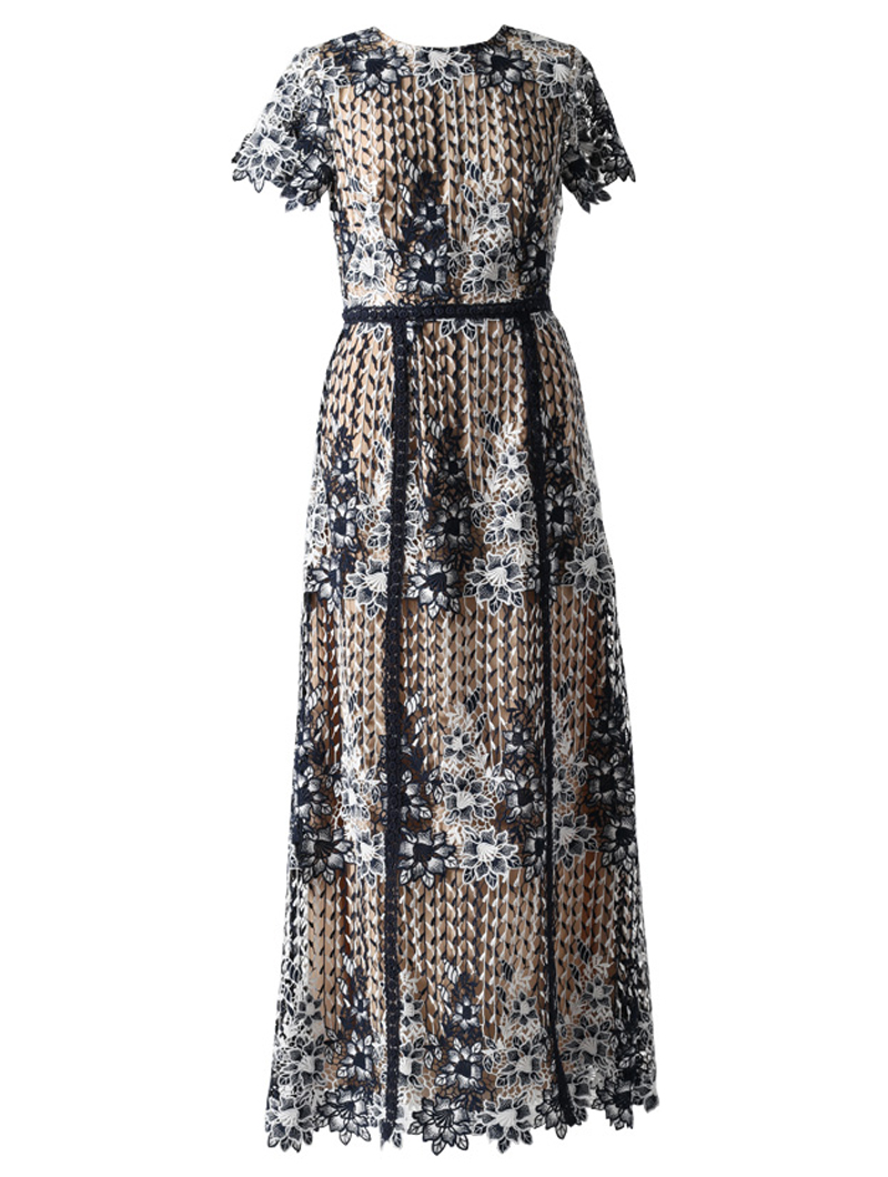 エム・エル・モニーク・ルイリエ(ML Monique Lhuillier)半袖フローラルレース ロングドレス-ネイビー/ベージュ