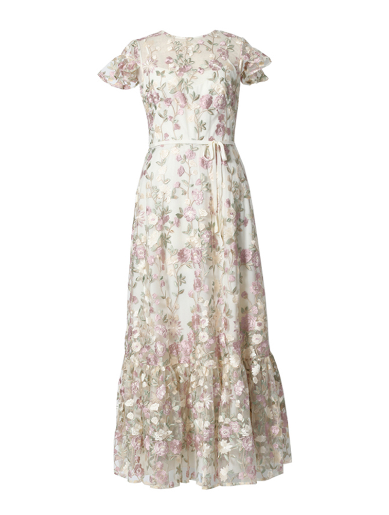 エム・エル・モニーク・ルイリエ(ML Monique Lhuillier)半袖フローラルレース ドレス(36)-ホワイト/ベージュ