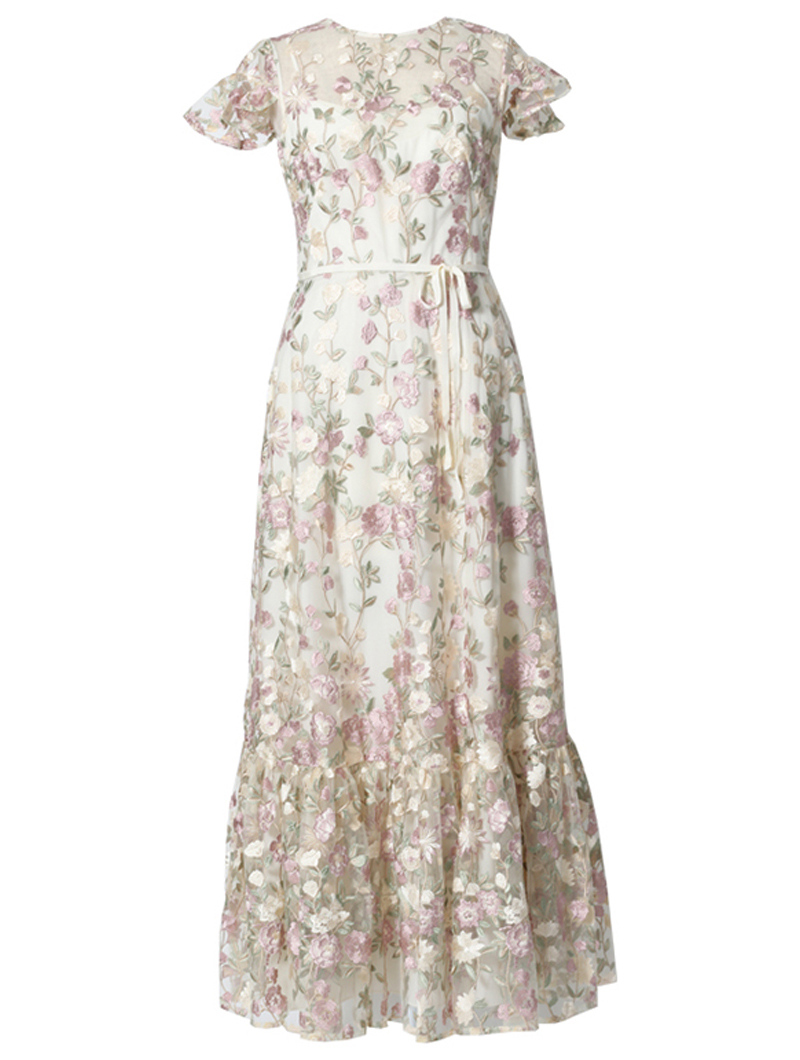 エム・エル・モニーク・ルイリエ(ML Monique Lhuillier)半袖フローラルレース ドレス(36)-ホワイト/ベージュ
